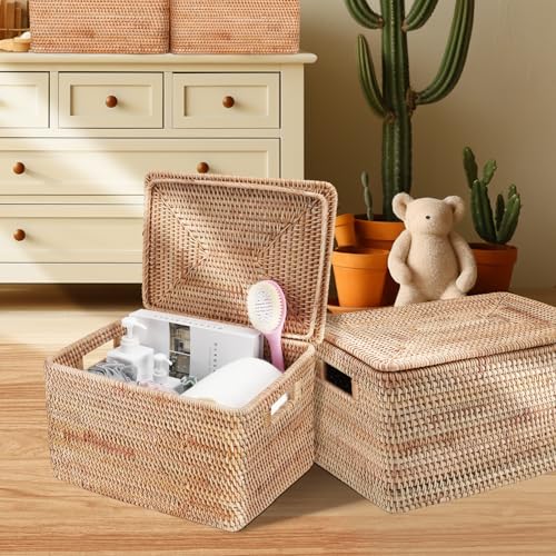 Rattan Basket With Lid, Large Lidded Basket For Storage(15.75" L×14.17" W×11.81" H) - size: 15.75"×14.17" ×11.81"