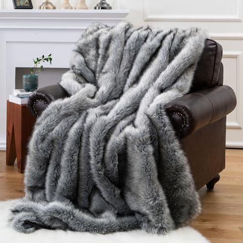BATTILO HOME Wolf Faux Fur Blanket, Extra Large Fox Fur Throw Blankets for Couch, Bed, Super Soft, Fluffy, Eelegant, Grey with Black Tips Blanket Reversible to Plush Velvet, (Grey, 60"x80") - color: Grey, size: 60"x80"