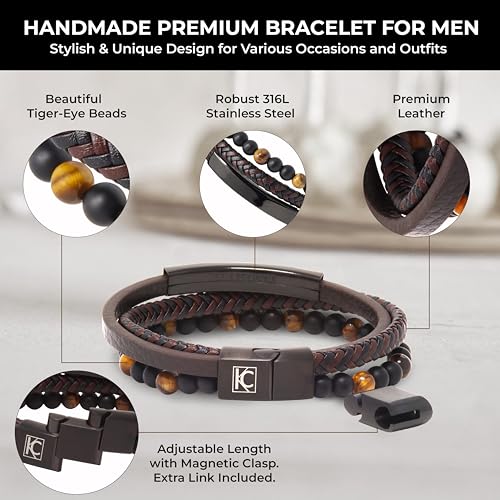 Premium Men’s Bracelet | Leather Bracelet for Men | Beaded Bracelets Black Onyx & Tiger-Eye Beads | Brown Leather Jewelry with Adjustable Stainless-Steel Clasp | Gift Dad Husband Son Boyfriend - color: Brown/Black