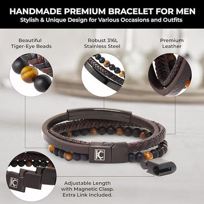 Premium Men’s Bracelet | Leather Bracelet for Men | Beaded Bracelets Black Onyx & Tiger-Eye Beads | Brown Leather Jewelry with Adjustable Stainless-Steel Clasp | Gift Dad Husband Son Boyfriend - color: Brown/Black