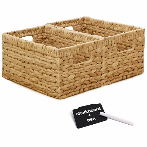KOKODO Wicker Storage Basket Set of 2, Rectangular Baskets for Shelves with Handles & Chalkboard Labels, Handwoven Water Hyacinth Baskets for Organizing Pantry, Closet & Home. - color: Natural, size: Medium Set 2, 12.5"Lx7.5"W