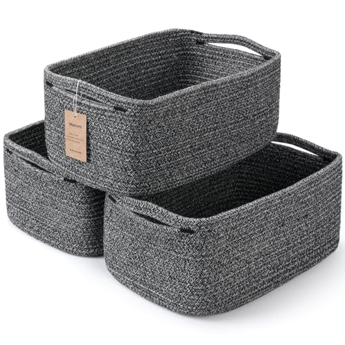 3-Pack Shelf Baskets for Organizing, Closet Organizer Bins, Small Woven Baskets, Rope Toy Basket, Storage Basket for Shelves, Cube Decorative Box, 11.8×7.8×5.1”, Mixed Black - color: Mix Black, size: 11.8"L×7.8"W×5.1"H
