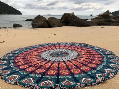 raajsee Blue Orange Mandala Round Beach Tapestry Hippie/Boho Mandala Beach Blanket Roundie/Indian Cotton Throw Bohemian Round Table Cloth/Home Decor/Yoga Mat Meditation Picnic Rugs 69 inch Circle - color: blue, size: 5 feet 10 inches (Round)
