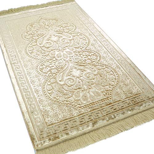 Modefa Luxury Velvet Prayer Rug with Prayer Beads | Soft Elegant Muslim Turkish Janamaz Sajada Carpet for Men and Women | Plain Solid Prayer Mat Ramadan Eid Gift - Paisley (Golden Yellow) - color: Golden Yellow