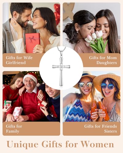 1CT Moissanite Cross Necklace for Women Wife, 18K Gold Filled or Sterling Silver Cross Pendant Chain Jewelry,Anniversary Birthday Gifts for Women Wife Her with LED Light-Up Gift Box and Gift Card - style: Silver-No Card