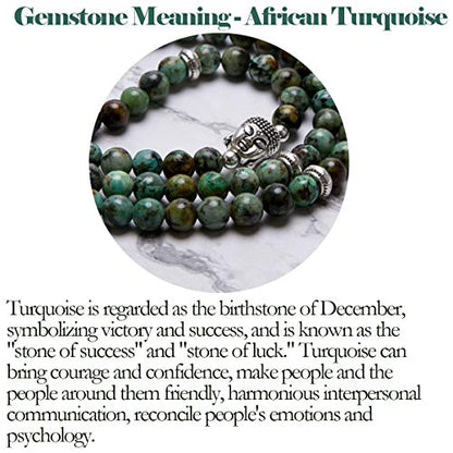 Bivei 108 Mala Beads Necklace Long Beaded Wrap Bracelets Genuine Gemstone Mala Prayer Beads Lotus Buddha Charm Yoga Meditation Necklace - color: African Turquoise-Lotus OM-Buddha