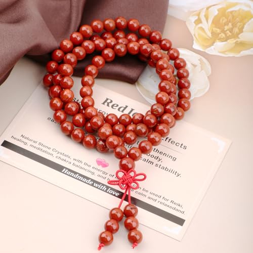 AD Beads 6mm 8mm 108 Prayer Mala Jasper Elastic Bracelet - Handmade Yoga Meditation Healing Power Energy Gifts for Unisex Adult. - color: Red Jasper(Calming)