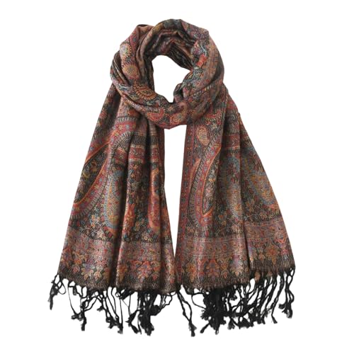 Paisley Pashmina Rave Shawl Scarf-Women's Reversible Ethnic Jacquard Pashmina Wraps for Travel - color: C#.black Plum