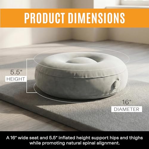 BOWERY HILL Fabric Round Inflatable Travel Meditation Cushion, Light Gray, 16 in x 5.5 in, Adjustable Air Chamber, Durable Flocked Microfiber, Lightweight Portable Design with Carry Case, Yoga or