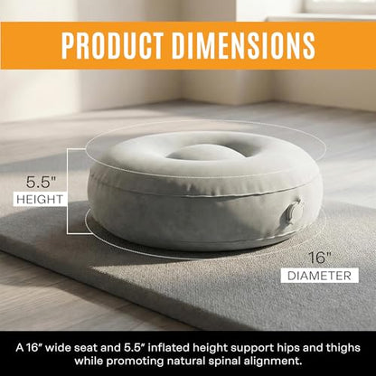 BOWERY HILL Fabric Round Inflatable Travel Meditation Cushion, Light Gray, 16 in x 5.5 in, Adjustable Air Chamber, Durable Flocked Microfiber, Lightweight Portable Design with Carry Case, Yoga or