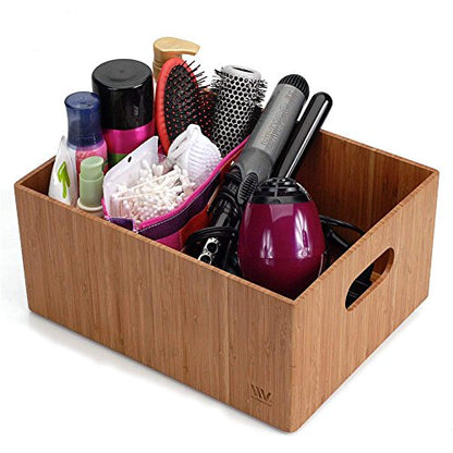 MobileVision Bamboo Storage Box, 12”x 9”x 6”, Durable Bin w/ Handles, Stackable - For Toys Bedding Clothes Baby Essentials Arts & Crafts Closet & Office Shelf With (White Clip Included)