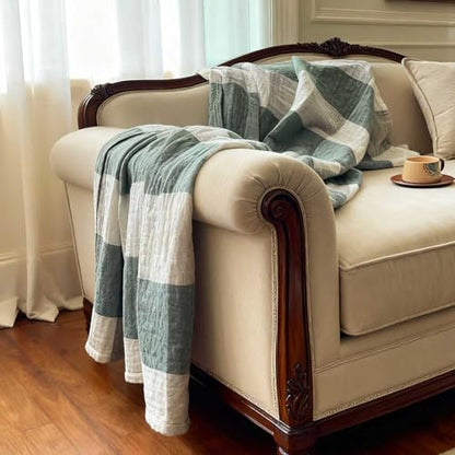 Cotton Throw Blanket, 60x80 Queen Size Lightweight Plaid Checkered, Soft 4-Layer Reversible Breathable All Season Blanket for Bed Couch, Green - color: Green Checkered, size: 60"x80"