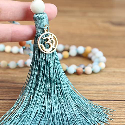 COAI OM Charm Hand Knotted Tassel 108 Mala Beads Necklace - color: Matte Amazonite, size: 8mm