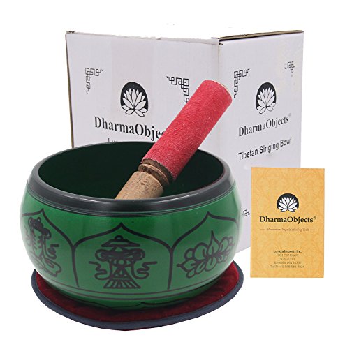 DharmaObjects Yoga Meditation 6 Inches 8 Lucky Symbols Singing Bowl/Cushion/Leather Mallet Gift Set (Green) - color: Green, size: 8 Lucky Symbol