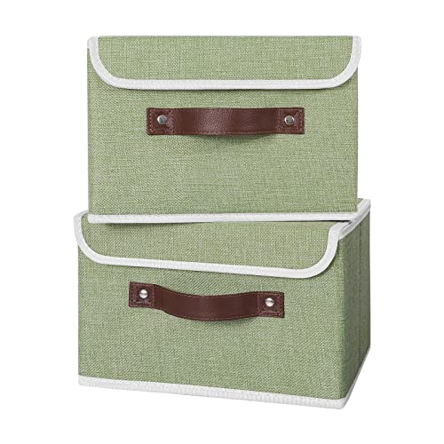 ANMINY 2PCS Storage Bins with Lid PU Leather Handles Storage Boxes PP Plastic Board Decorative Foldable Lidded Cotton Linen Fabric Home Cubes Baskets Closet Organizer Containers - Green, Small Size - color: Mint Green, size: Small (Pack of 2)