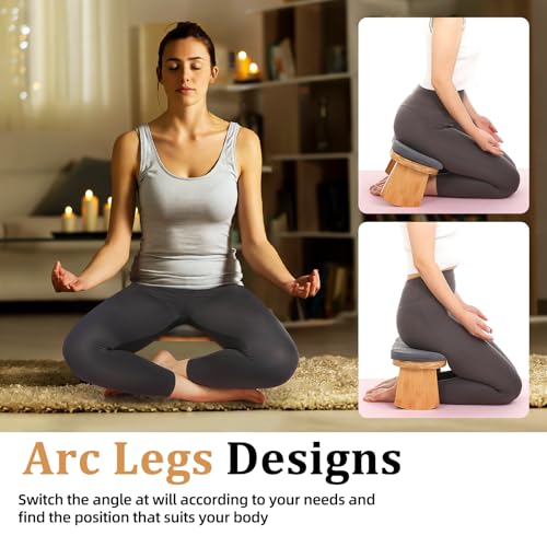 Meditation Bench, Folding Meditation Chair with Cushion, Bamboo Meditation Stool with Anti-Slip Mat, Adjustable Yoga Stool with Curved Bottom Edges, Prayer Bench
