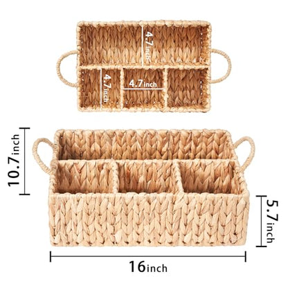 Wicker Basket Divided Storage with Handles - Natural Water Hyacinth Organizer for Diaper Essentials, Kitchen Utensils, Bathroom & Nursery Organization, 4 Compartments
