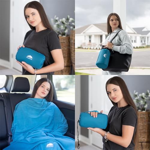 BlueHills Ultra Compact Travel Blankets for Two with Portable Carry Case Case Premium Soft Plush Large Airplane Blankets 2 Pack for Car Plane Train Hotel Layover Peacock -C204-2pk-Teal - color: C-204-2pk-teal