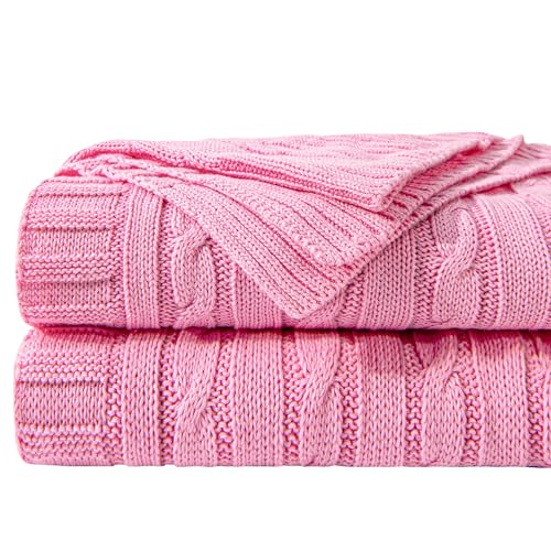 NTBAY 100% Pure Cotton Cable Knit Throw Blanket, Super Soft Warm 51x67 Knitted Throw Blanket for Couch, Sofa, Chair, Bed - Extra Cozy, Machine Washable, Comfortable Home Decor, Pink - color: Pink, size: Throw(51"x67")
