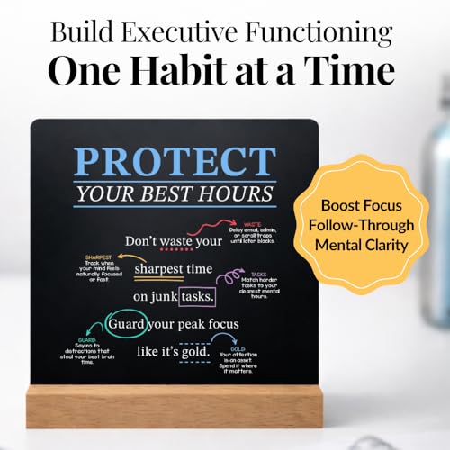 Executive Functioning Cards – 52 Daily Habit & Focus Cards for Organization, Time Management & Self-Control – For Kids, Teens & Adults – Includes Wooden Display Stand - style: Executive Functioning