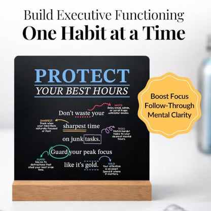 Executive Functioning Cards – 52 Daily Habit & Focus Cards for Organization, Time Management & Self-Control – For Kids, Teens & Adults – Includes Wooden Display Stand - style: Executive Functioning