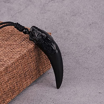 Black Obsidian Necklace Natural Crystal Amulet Protection Pendant with Adjustable Rope Lucky Talisman Necklaces Jewelry Gift for Men Women - color: WolfTooth Black