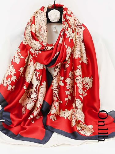 Large Shawl Scarf For Women Lightweight Wraps Silky Headscarf Long Sunscreen Scarfs - color: T13 Red Apricot / 70"x 35"