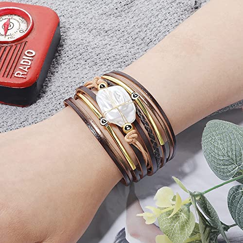 Fesciory Leather Wrap Bracelets for Women, Boho Leopard Multi-Layer Crystal Beads Cuff Bracelet Jewelry - color: Brown Leather(Pearl)