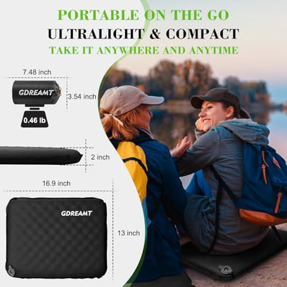 Inflatable Seat Cushion, Self-Inflating Memory Foam Stadium Seats Cushion Portable Camping Air-Foam Sitting Pad for Travel Airplane Car Bleachers Backpacking Office, Lightweight & Compact - color: Black