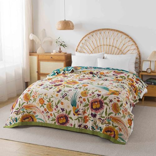 Qidordour Boho Throw Blanket, 60"x80" Muslin Blankets for Adult, 100% Organic Cotton Blanket for Couch Sofa, Lightweight Quilt, All Season Bed Throw, Farmhouse Home Decor, C-Phoenix Floral