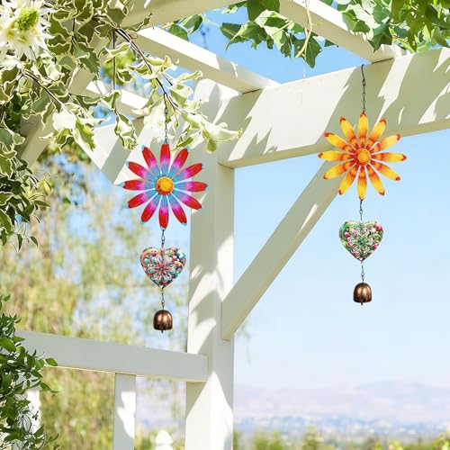 Metal Flowers Hanging Decor, Flower Wind Chime Bell Hanging Decor for Outdoor Garden Yard Doors Walls Living Rooms Bedrooms, 2 Pack (Flower-a-Heart) - style: flower-a-heart