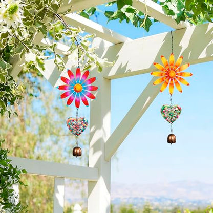Metal Flowers Hanging Decor, Flower Wind Chime Bell Hanging Decor for Outdoor Garden Yard Doors Walls Living Rooms Bedrooms, 2 Pack (Flower-a-Heart) - style: flower-a-heart