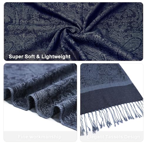 Silky Paisley Pashmina Shawl Scarf-Women's Soft Double-side Jacquard Pashminas Wrap for Evening Dress Travel Shawl - color: A-navy Blue