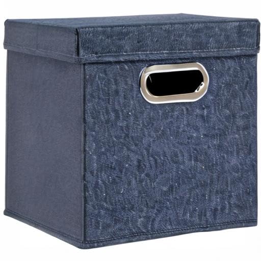 Household Essentials Collapsible Cotton Blend Cube Storage Box with Lid and Metal Grommet Handle, Set of 2, Denim - color: Denim