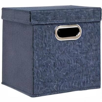 Household Essentials Collapsible Cotton Blend Cube Storage Box with Lid and Metal Grommet Handle, Set of 2, Denim - color: Denim