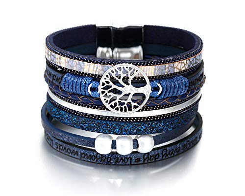 Fesciory Leather Wrap Bracelets for Women, Boho Leopard Multi-Layer Crystal Beads Cuff Bracelet Jewelry - color: B26:Tree of Life(Blue)