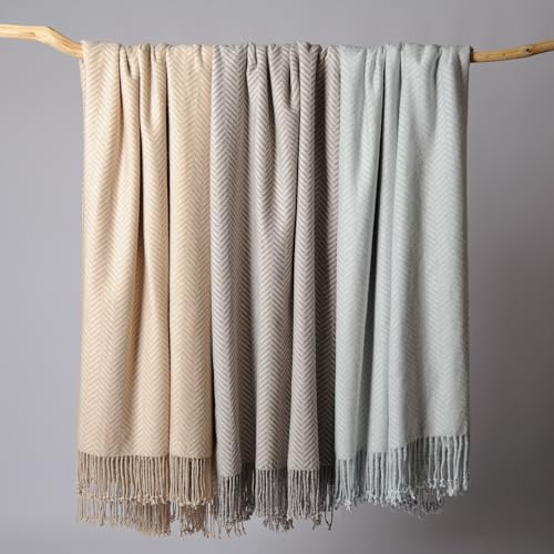 CUDDLE DREAMS Silk Throw Blanket with Hand-Knotted Fringe, Natural, Soft & Breathable (Herringbone Blue) - color: Herringbone Blue