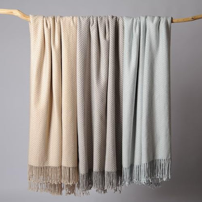 CUDDLE DREAMS Silk Throw Blanket with Hand-Knotted Fringe, Natural, Soft & Breathable (Herringbone Gray) - color: Herringbone Gray