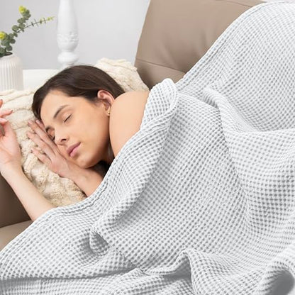 Throw Blanket for Couch, 100% Cotton Soft Lightweight Breathable Summer Blanket Throws, Waffle Weave Throw Size Bed Blanket: White (50"x60") - color: White, size: Throw (50" x 60")