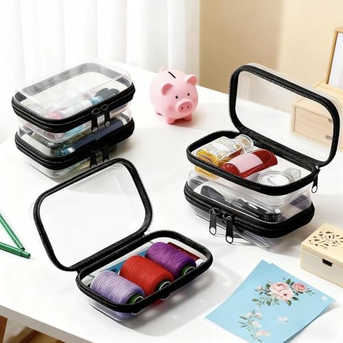 2PC Black Small Clear Hard Shell Zipper Case, Double Zippers Plastic Storage Box for Snacks Makeup Toiletries & Cosmetic Tools