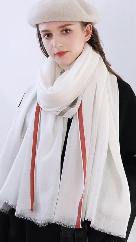 Luxury Cashmere Pashmina Style Shawl - Silk & Wool Blend Scarf, Lightweight Skin-Friendly Wrap - color: Gingham. - White