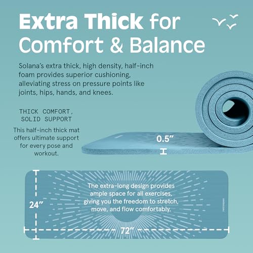 Retrospec Solana Yoga Mat Thick 1/2in Non-Slip Workout Mat with Nylon Strap - 72x24in Exercise Mat for Pilates, Stretching & Fitness - BPA Free, Easy Clean - color: Blue Mist