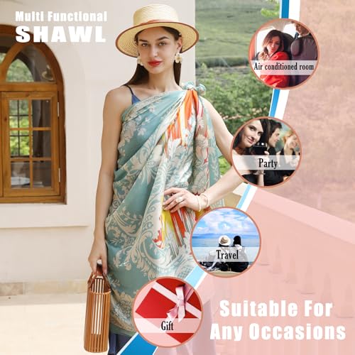 100% Mulberry Extra Large Silk Pashmina Scarf Shawls And Wraps For Women Evening Dress Summer Travel Floral Blanket - color: Light Blue Feather Grace