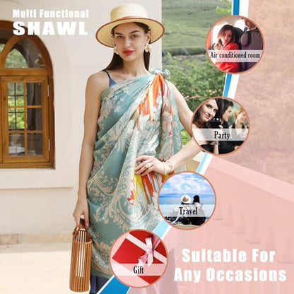 100% Mulberry Extra Large Silk Pashmina Scarf Shawls And Wraps For Women Evening Dress Summer Travel Floral Blanket - color: Light Blue Feather Grace