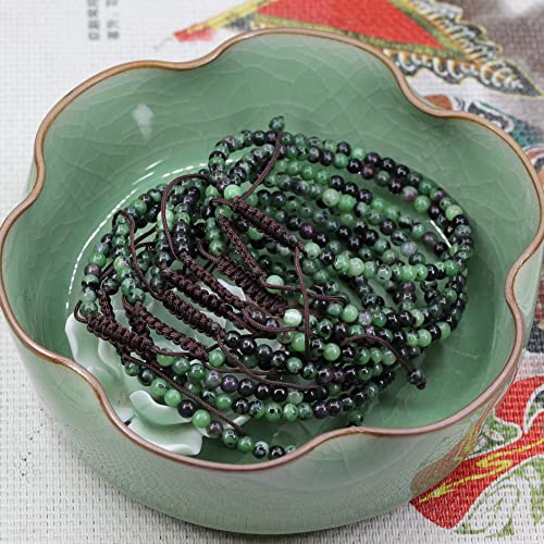 Keleny Natural Gemtones 4mm Round Beads Crystal Adjustable Braided Macrame Tassels Bracelets Unisex - color: Green Ruby in Zoisite