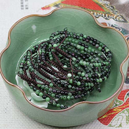 Keleny Natural Gemtones 4mm Round Beads Crystal Adjustable Braided Macrame Tassels Bracelets Unisex - color: Green Ruby in Zoisite