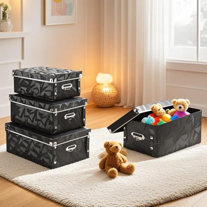 XUCHUN Foldable Storage Boxes with Lids 3 Pack Plastic Collapsible Storage Bins with Handles for Clothes, Cosmetic,Books - color: Black 3 pcs