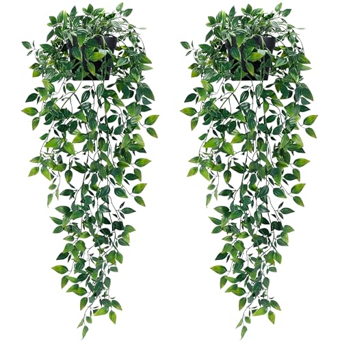 2Pcs Fake Hanging Plants with Pot Deep Green Eucalyptus Leaves UV Resistant Fake Vines Ivy Artificial Plants Outdoor Faux Plants Indoor Bedroom Living Room Boho Wall Porch Shelf Decor - color: Mandala Vines, size: 2Pcs Plants with Pot