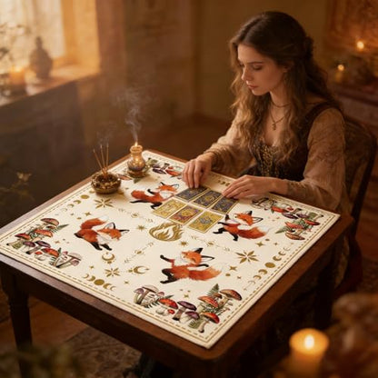 Tarot Altar Cloth Fox with Dancing Print Card Table Tablecloth Flower Thicket & Mushroom Tablecloth with Tarot Bag for Reading Rituals Crystals Spiritual Divination Witchcraft Supplies - color: Fox With Dancing