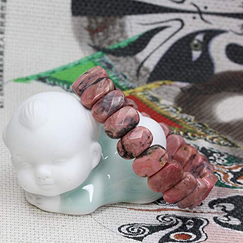 Keleny Semi Precious Stones 14mm Faceted Oval Beads Crystal Rock Elastic Bangle 7.5 Inch - color: Black Spots Rhodonite